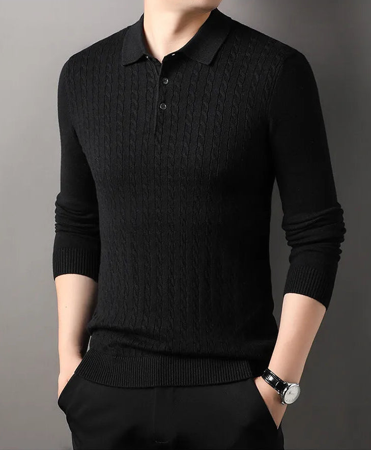Old Money Twisted Knit Long Sleeve Polo Shirt