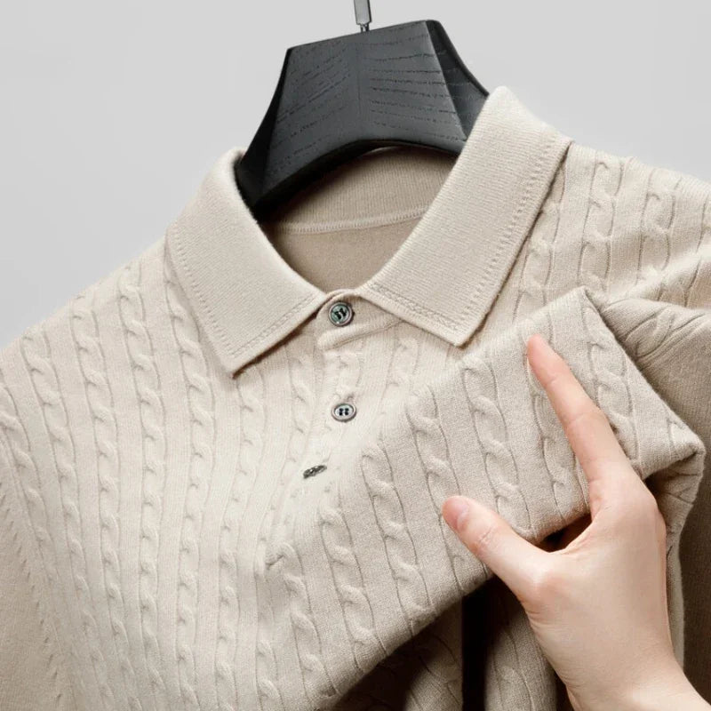 Old Money Twisted Knit Long Sleeve Polo Shirt