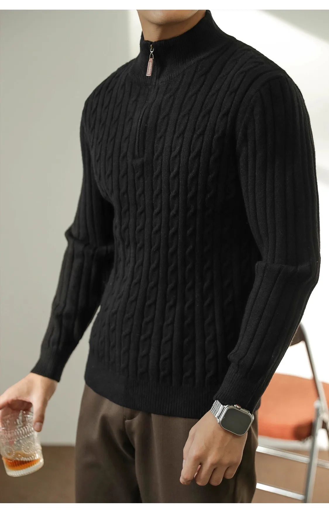 Cable Knit Sweater Winter Half-Zip