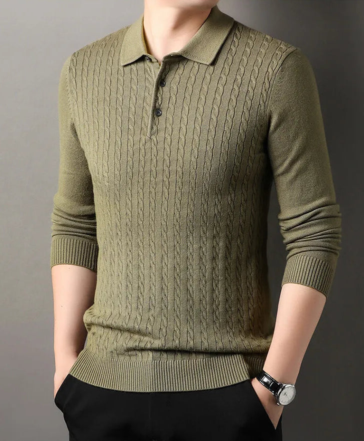 Old Money Twisted Knit Long Sleeve Polo Shirt