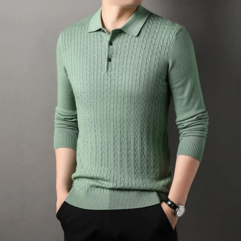 Old Money Twisted Knit Long Sleeve Polo Shirt