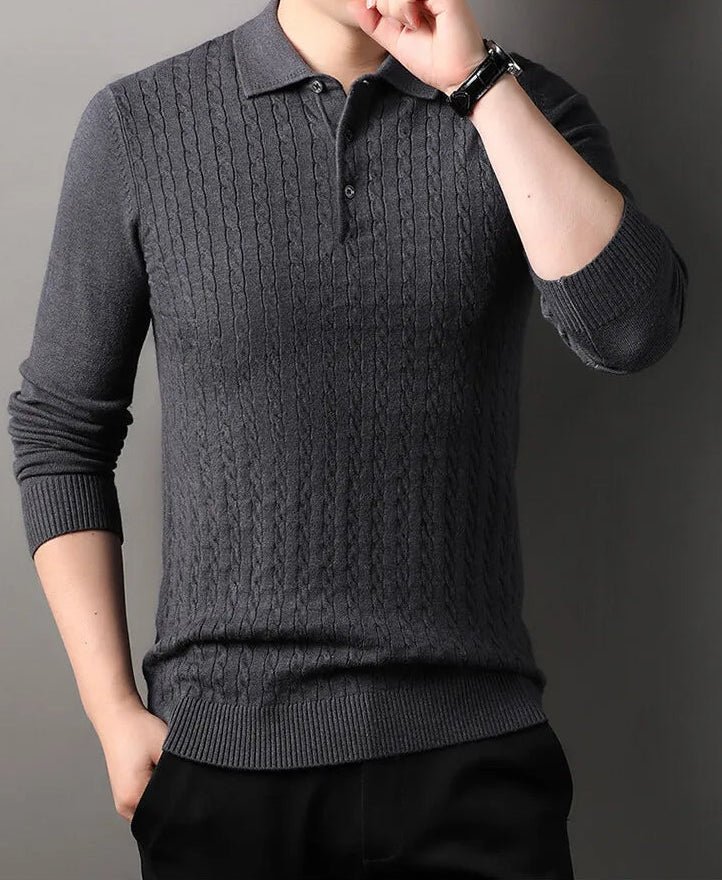 Old Money Twisted Knit Long Sleeve Polo Shirt