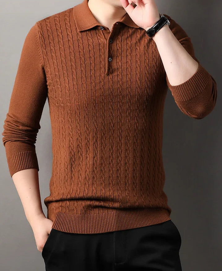 Old Money Twisted Knit Long Sleeve Polo Shirt