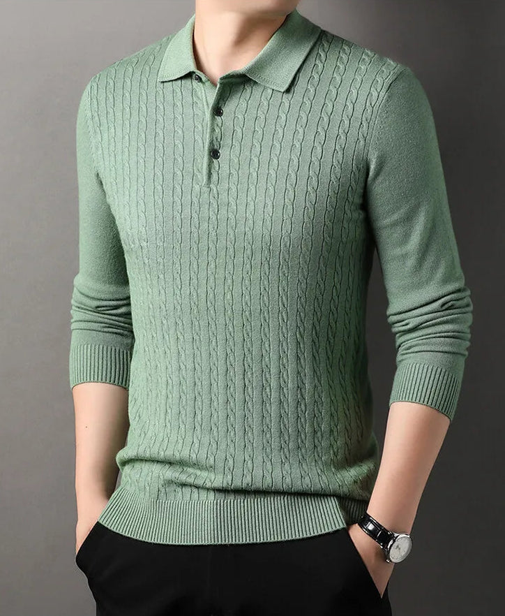 Old Money Twisted Knit Long Sleeve Polo Shirt