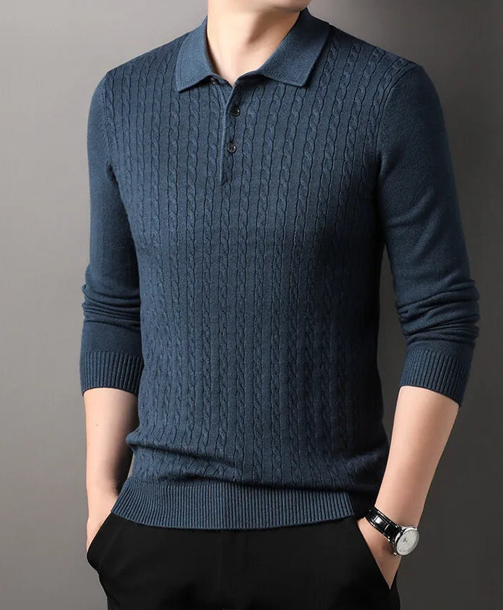 Old Money Twisted Knit Long Sleeve Polo Shirt