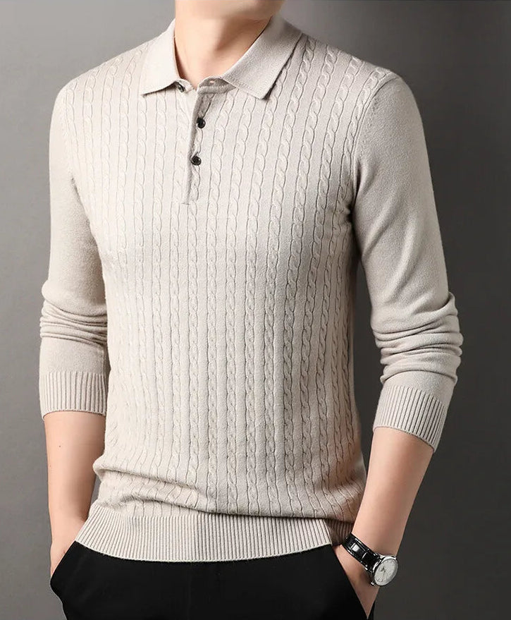 Old Money Twisted Knit Long Sleeve Polo Shirt